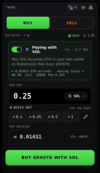 Paying with SOL for a Robinhood Chain coin: what arrives and what moving costs. Sample quote.