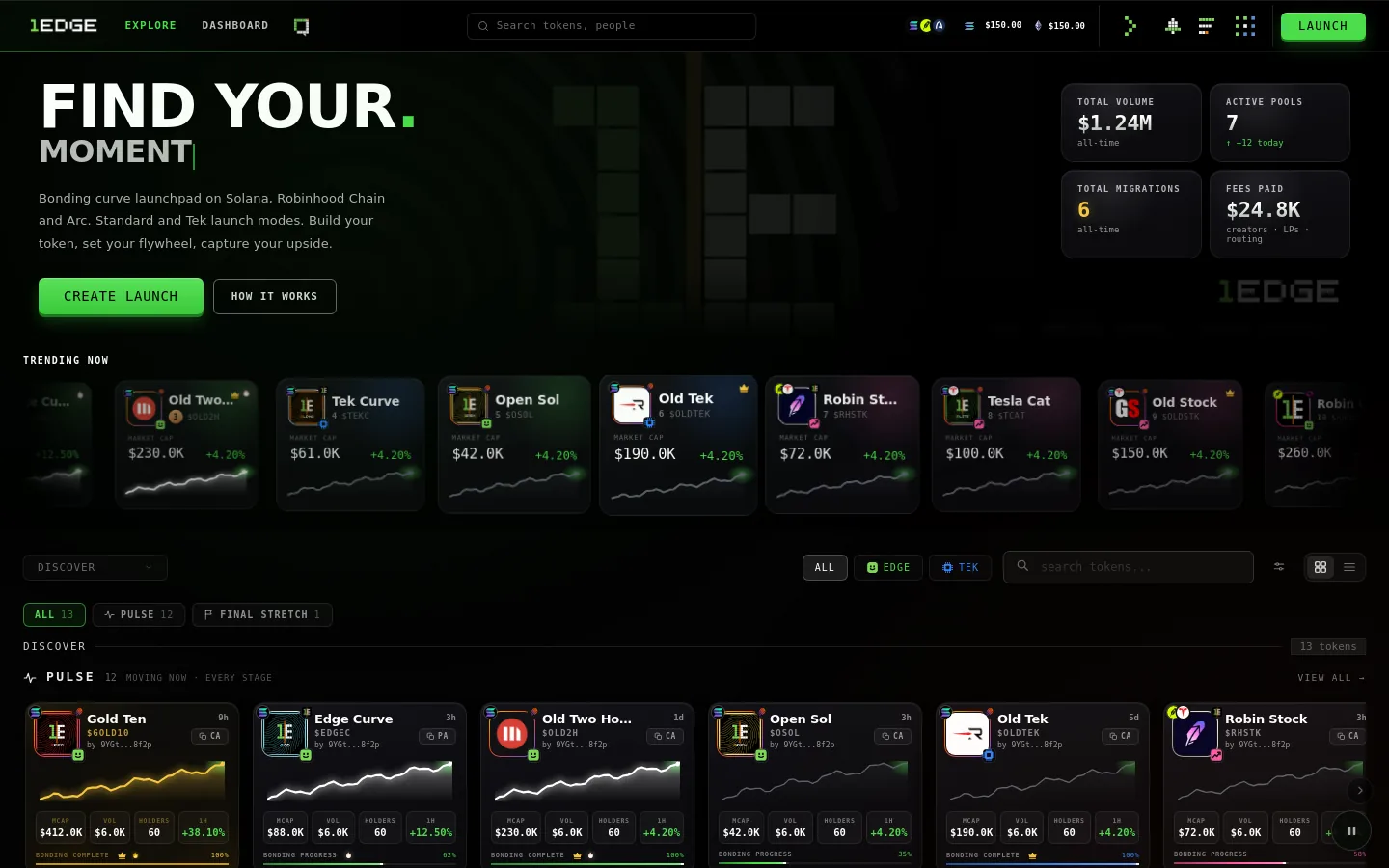 The home page: trending strip and the Discover board. Sample coins.