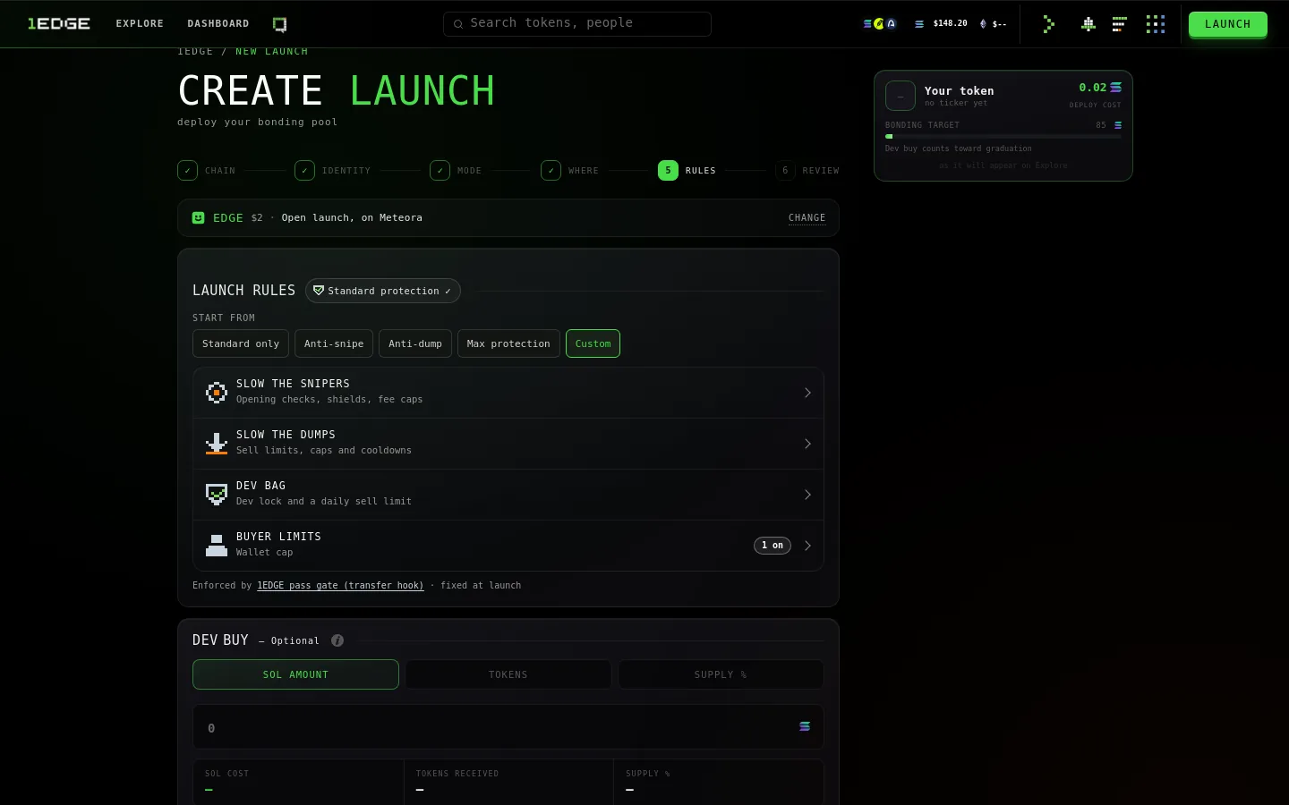 The Rules step on the launch page: groups and presets.
