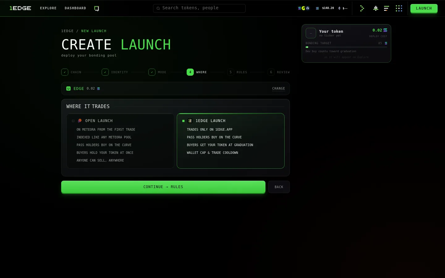 The launch page's Where step: 1EDGE launch or open launch.