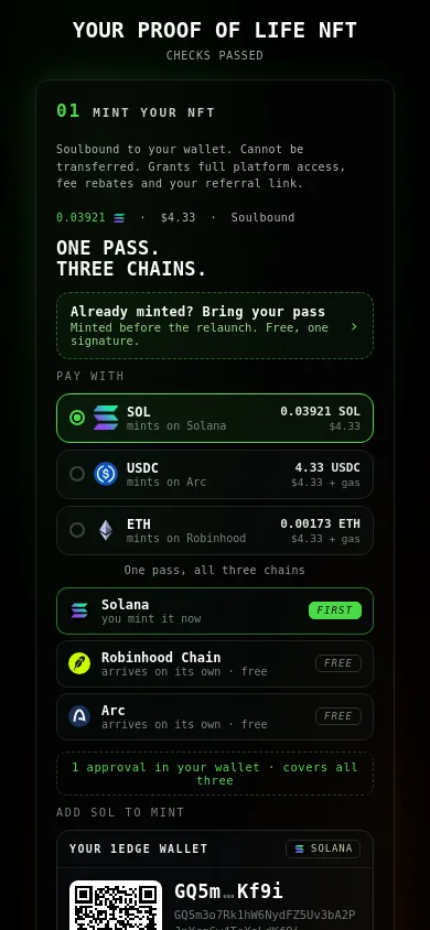 The pay step on 1edge.app: one pass, three chains, one price in SOL, USDC or ETH. Sample data.