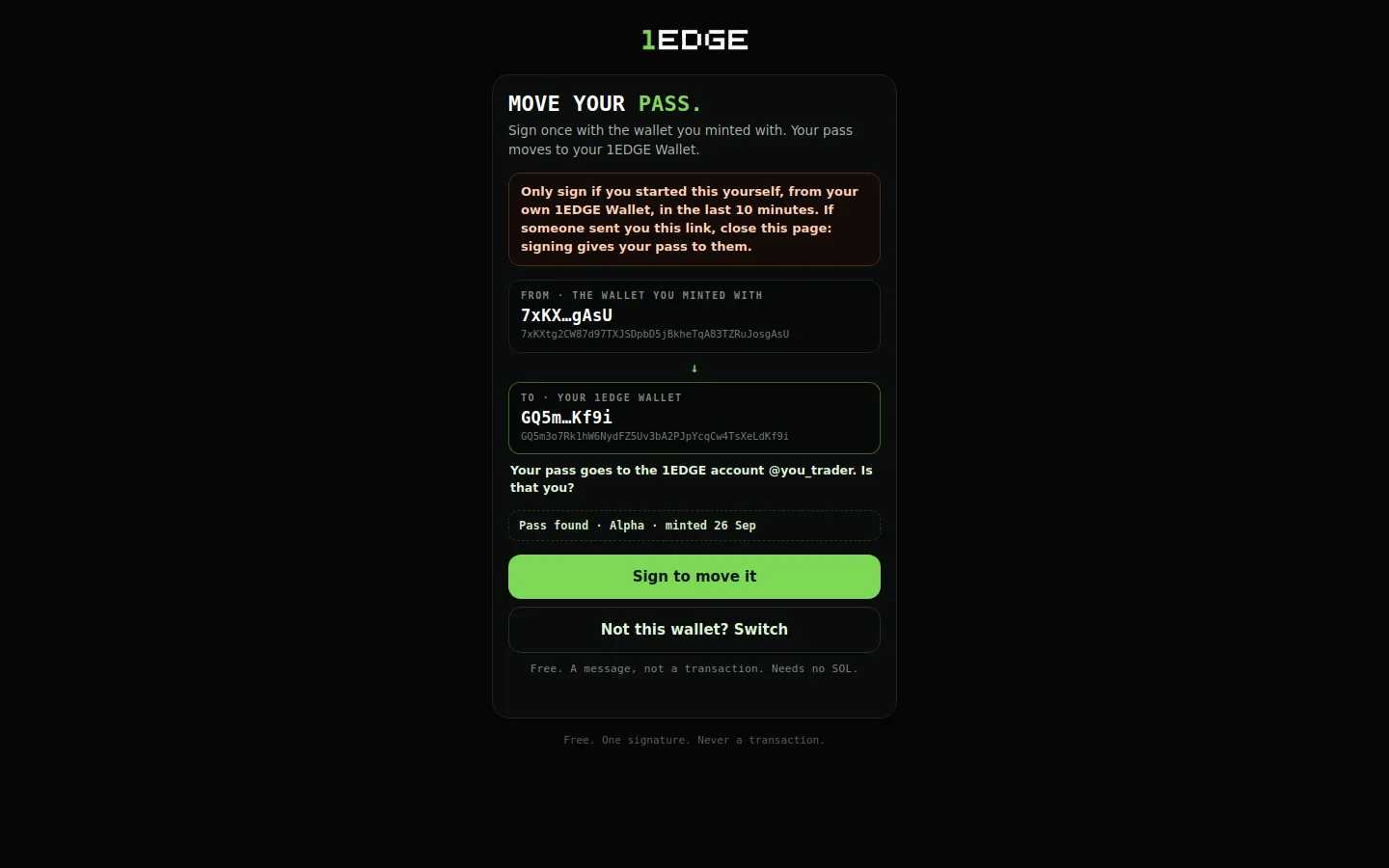 The port page: the warning comes first, then where your pass is going. Sample account.