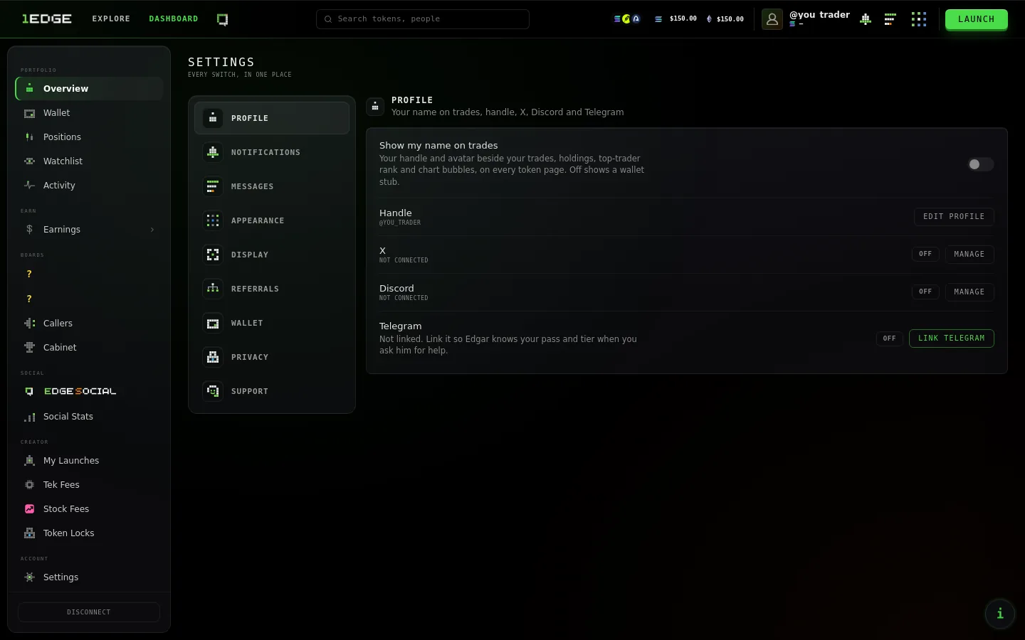 Settings → Profile, with Link Telegram.