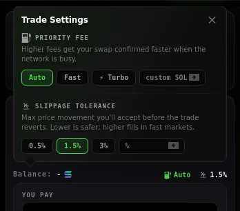 Trade Settings: priority fee and slippage.