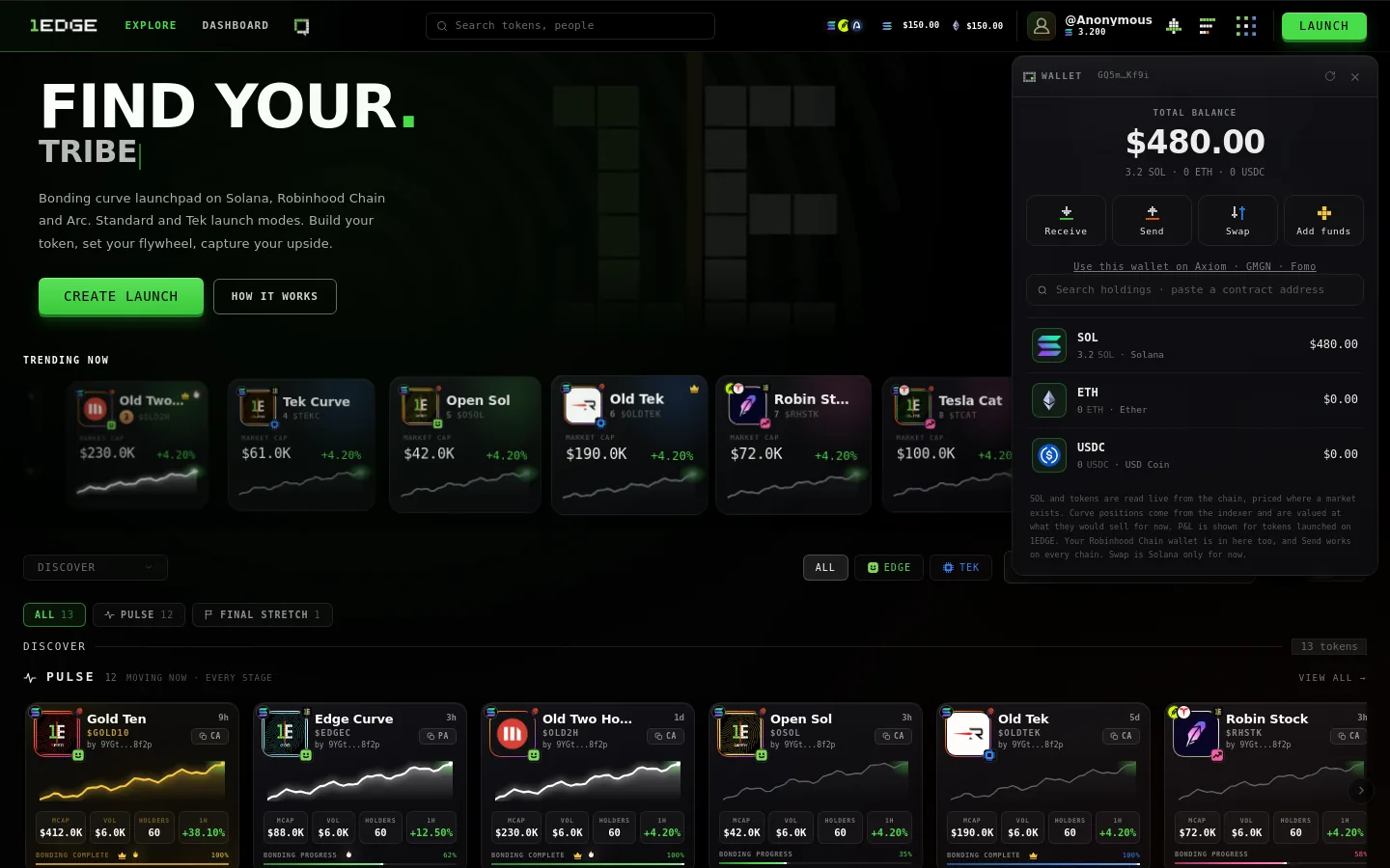 Your wallet: balances on every chain, receive, send, add funds, and the terminal export. Sample balances.